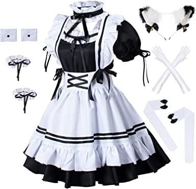 Photo 1 of Anime French Maid Apron Lolita Fancy Dress Cosplay Costume Furry Cat Ear Gloves Socks Set Adult Size 
