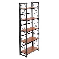 Photo 1 of 5 Shelf Bookcase, No-Assembly Folding-Bookshelf, Industrial Standing Racks Study Organizer with Metal Frame ?Brown 1
