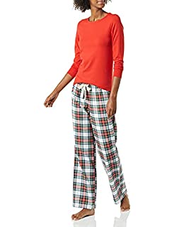Photo 1 of amazon Essentials Women's Lightweight Flannel Pant and Long-Sleeve T-Shirt Sleep Set, Red, Tartan, XX-Large (B08X8MW637)