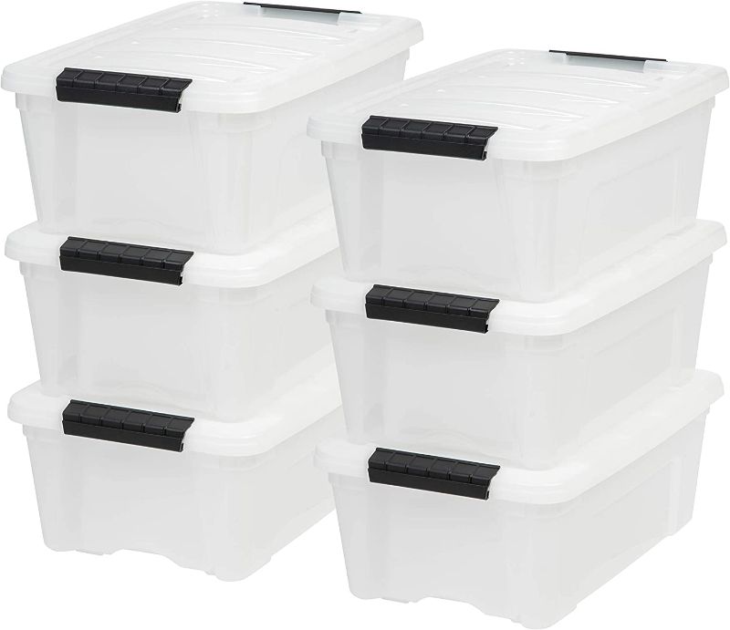 Photo 1 of IRIS USA  Plastic Storage Bin Tote Organizing Container with Durable Lid and Secure Latching Buckles, 4 Pack, Stackable and Nestable, Pearl with Black