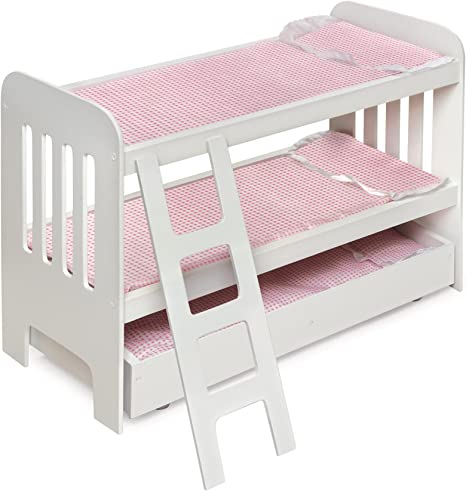 Photo 1 of Badger Basket Trundle Doll Bunk Bed with Bedding, Ladder, and Free Personalization Kit (fits 18 inch Dolls), White/Pink