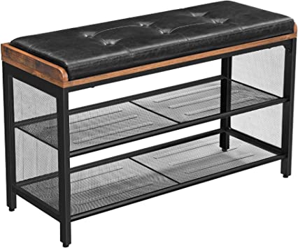 Photo 1 of Benjara Button Tufted Leatherette Shoe Bench with 2 Mesh Shelves, Brown and Black 11.8"D x 31.5"W x 18.9"H
