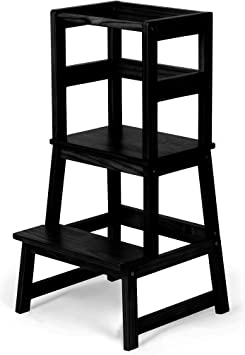 Photo 1 of Play Platoon Toddler Kitchen Stool - Black Wooden Step Stool Standing Tower for Kids Kitchen Counter Learning
