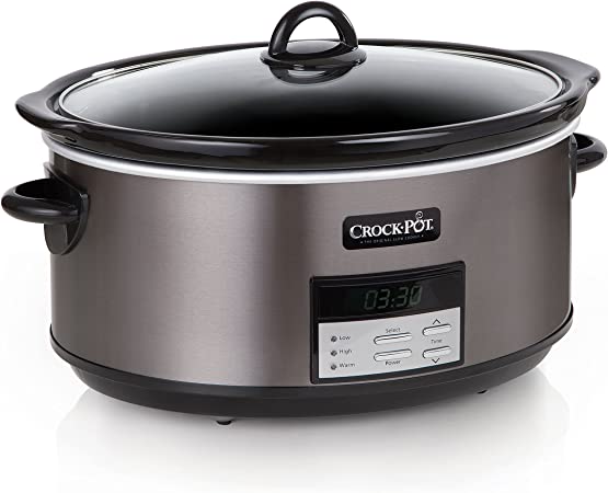 Photo 1 of Crockpot 8 Quart Slow Cooker with Auto Warm Setting and Cookbook, Black Stainless Steel
