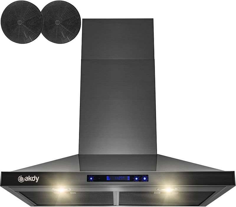 Photo 1 of AKDY 30 in. 343 CFM Convertible Wall Mount Black Stainless Steel Kitchen Range Hood with Touch Panel and Carbon Filters
