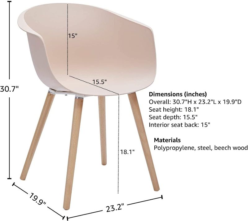 Photo 2 of Amazon Brand - Rivet Alva Modern Curved-Back Plastic Dining Chair 23.2"W, Nude Pink