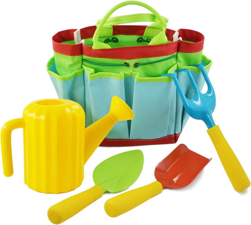 Photo 1 of CHEERBANK Toddlers Gardening Set, 5 Pieces Gardening Tools for Kids Age 2-5, Rake, Shovel and Trowel, Storage Tote, Watering Can
