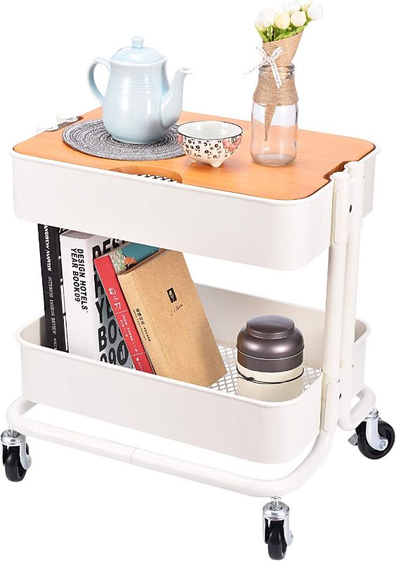 Photo 1 of 2-Tier Metal Utility Rolling Cart Storage Side End Table with Cover Board for Office Home Kitchen Organization, Cream White
