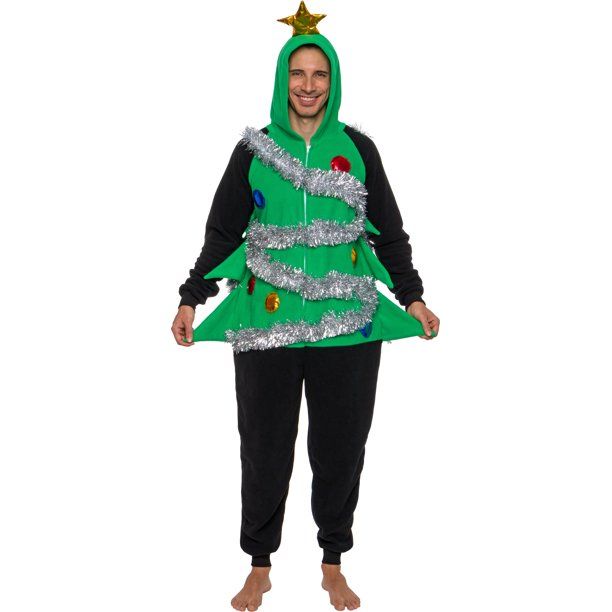 Photo 1 of Christmas Tree One Piece - Plush Adult Holiday Costume Jumpsuit by FUNZIEZ! (Green, XL)