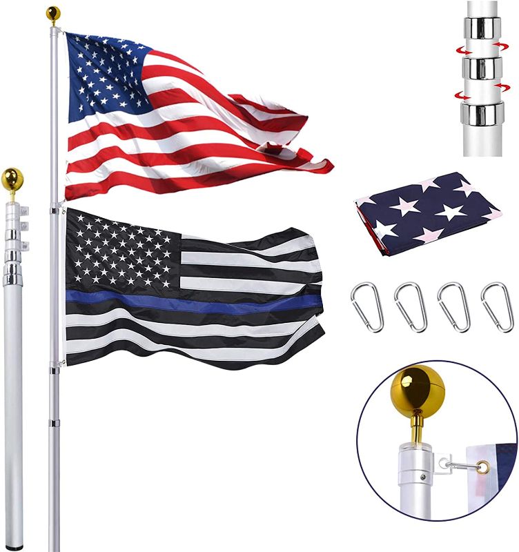 Photo 1 of 30FT Telescopic Flag Pole Kit, Extra Thick Heavy Duty Aluminum Telescoping Flagpole Fly 2 Flags, Outdoor Inground Large Flag Poles with 3x5 American Flag for Residential, Yard or Commercial, Silver
