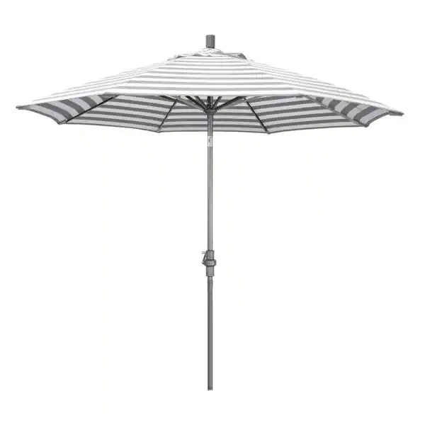 Photo 1 of 9 ft. Hammertone Grey Aluminum Market Patio Umbrella with Collar Tilt Crank Lift in Gray White Cabana Stripe Olefin