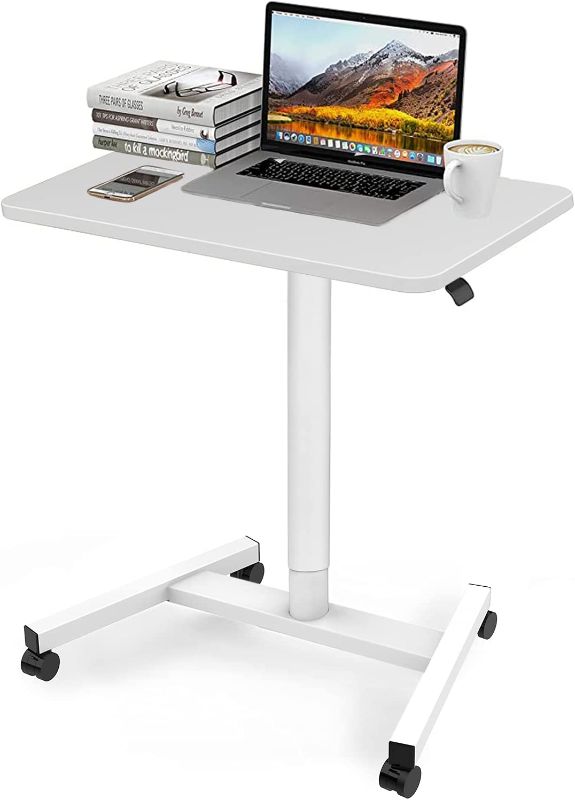 Photo 1 of 28 Inch Height Adjustable Laptop Sit Stand Desk with Wheels, Adjustable Rolling Standing Laptop Mobile Desk Cart Coffee Table (White)
