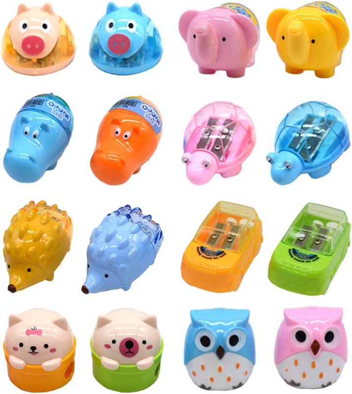 Photo 1 of Cartoon Animal Pencil Sharpeners, Cute Two-Holes Plastic Pencil Sharpener, School Student Stationery Supplies (Set of 16)
