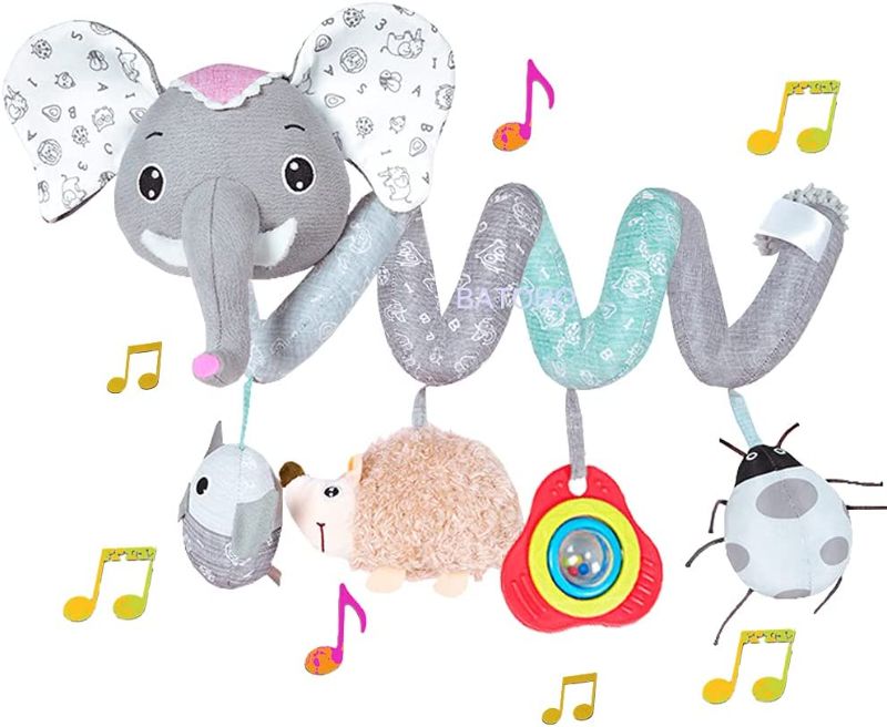 Photo 1 of BATOHO Baby Car Seat Toys, Infant Activity Spiral Plush Toys Hanging Stroller Toys for Baby with Musical Owl Rattles Hedgehog Beep Ladybird Squeaker - Gray Elephant
