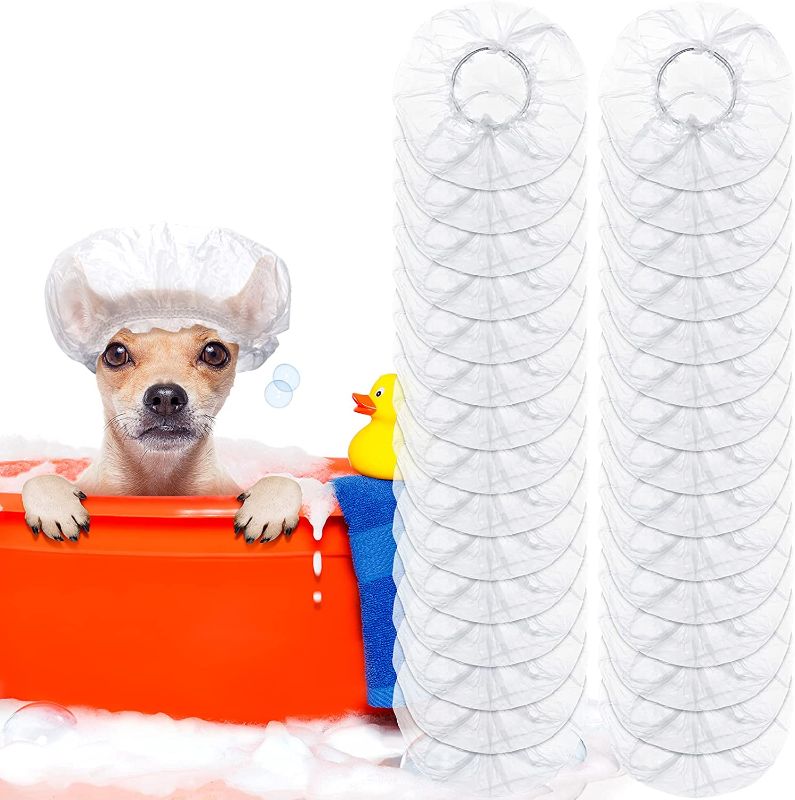 Photo 1 of 200 Pieces Dog Shower Cap Dog Ear Covers for Bathing Disposable Pet Shower Caps Plastic Overhanging Dog Ear Protection for Shower Cats Ear Drops Guard for Kitten Puppy Small Pets Bath Clear Waterproof
