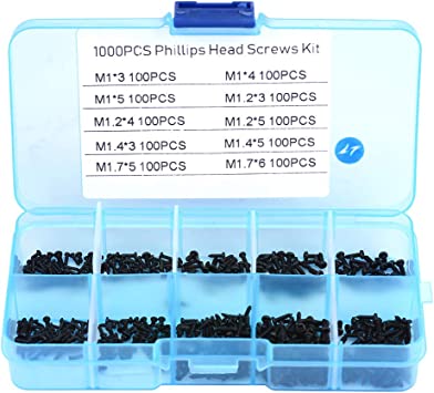 Photo 1 of 1000pcs Black Trim Cross Screws, Small Metal Screws Self Tapping, M1 M1.2 M1.4 M1.7 Self Tapping Flat Head Screws with Plastic Box for Repairing
