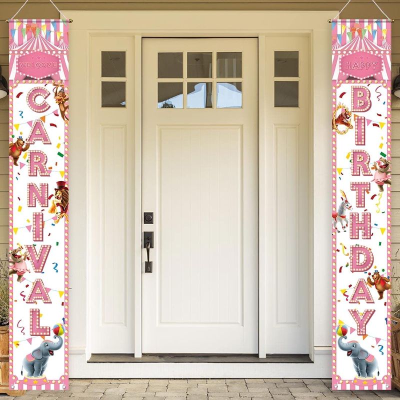 Photo 1 of Allenjoy Carnival Circus Happy Birthday Porch Sign Door Banner for Girl Pink White Welcome Theme Party Supplies Decoration Flag Hanging Home Wall Decor Outdoor Indoor Polyester 11.8x70.9 Inch 2PCS
