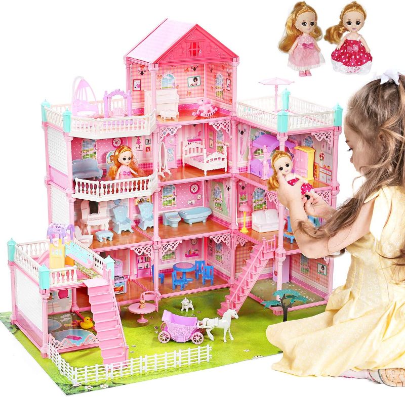 Photo 1 of 11 Rooms Huge Dollhouse with 2 Dolls and Colorful Light, 31" x 28" x 27" Doll House Gift for Girls
