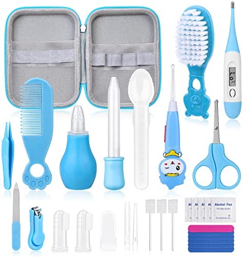 Photo 1 of 28 in 1 Baby Healthcare and Grooming Kit, TUCEYEA Baby Safety Set with Hair Brush Thermometer Scale Measuring Spoon Nail Clippers Lighting Ear Cleaner for Nursery Newborn Baby Girls Boys Kids Blue
