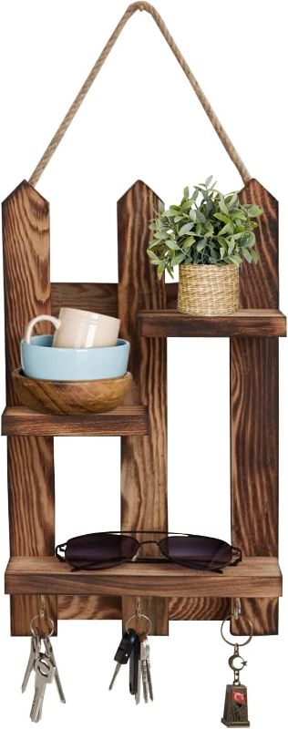 Photo 1 of Wooden Farmhouse Key Holder for Wall Decorative,Wall Mounted Entryway Key Organizer with 3 Hooks and 3 Wooden Shelves- Rustic Vintage Hanging Wooden Key Shelf Home Decor,13.4" x 9.1",Brown

