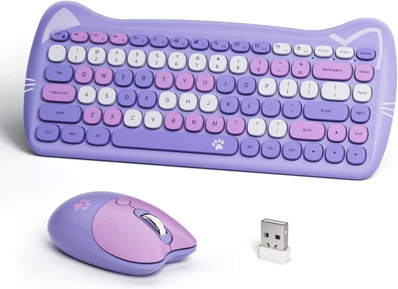 Photo 1 of Wireless Keyboard Mouse Combo, Dilter Compact Wireless Keyboard and Mouse Set 2.4G Ultra-Thin Sleek Cute Cat Shape Design for Windows, Computer, Desktop, PC, Notebook (Purple)
