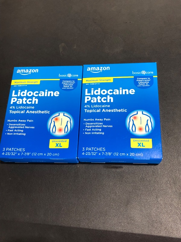 Photo 2 of (2 pack ) Amazon Basic Care Lidocaine Patch, 4% Lidocaine, Topical Anesthetic, Desensitizes Aggravated Nerves, 3 Count
