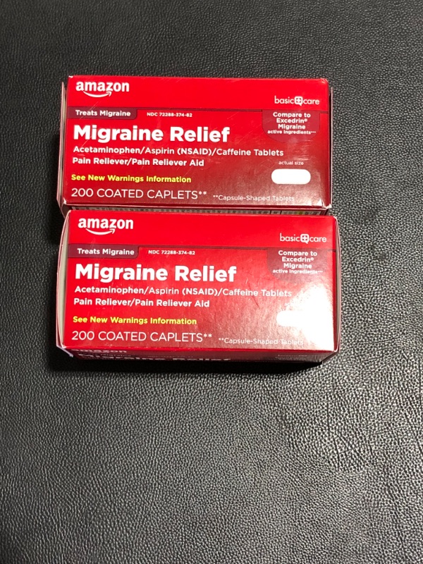 Photo 2 of (2pack) Amazon Basic Care Migraine Relief, Acetaminophen, Aspirin (NSAID) and Caffeine Tablets, 200 Count
