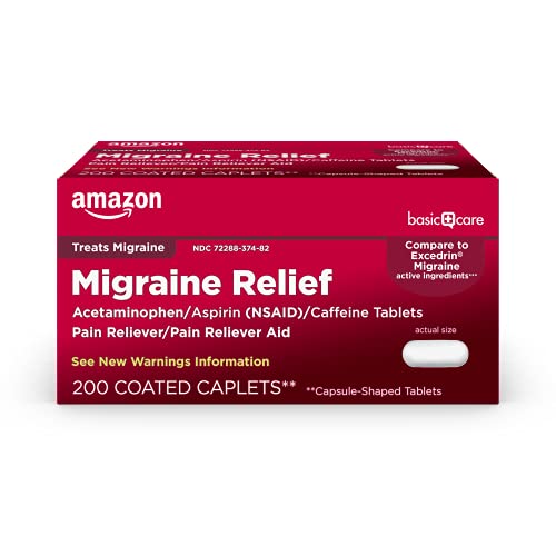 Photo 1 of (2pack) Amazon Basic Care Migraine Relief, Acetaminophen, Aspirin (NSAID) and Caffeine Tablets, 200 Count
