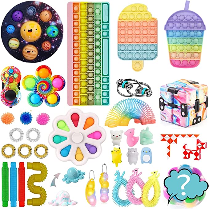 Photo 1 of Fidget Packs Fidget Toy Set Anti-Anxiety Tools, Push Pop-in-It Sensory Fidget Toys Pack Cheap with Rainbow Keyboard Happy Planet Pop Spinner Pop Anxiety Tube Fidgetet Packs
