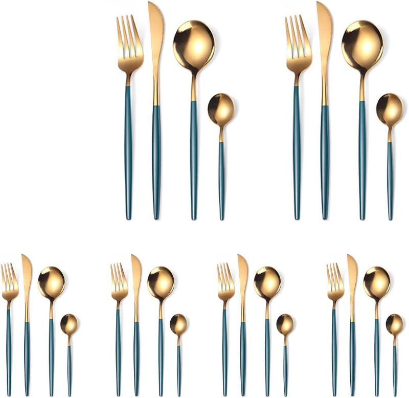 Photo 1 of 24-Piece Gold Silverware Set with Green Handle, Home Kitchen Use Wedding Housewarming Gift, Stainless Steel Flatware Set, Tableware Cutlery Sets Service for 6, Kitchen Utensil Set(Green Gold)
