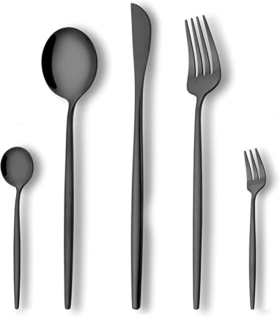 Photo 1 of Black Silverware Set Modern 20-Piece, Stainless Steel Flatware Service for 4, LaienLife Unique Cutlery with Fork Spoon Knife Silverware, Mirror Polish Home Party Kitchen Utensils, Dishwasher Safe