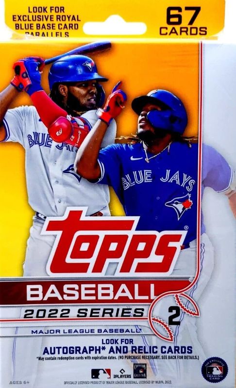 Photo 1 of 2022 Topps Series 2 Factory Sealed Hanger Box with 67 Cards including Possible Rookies Autographs and Jersey Cards 