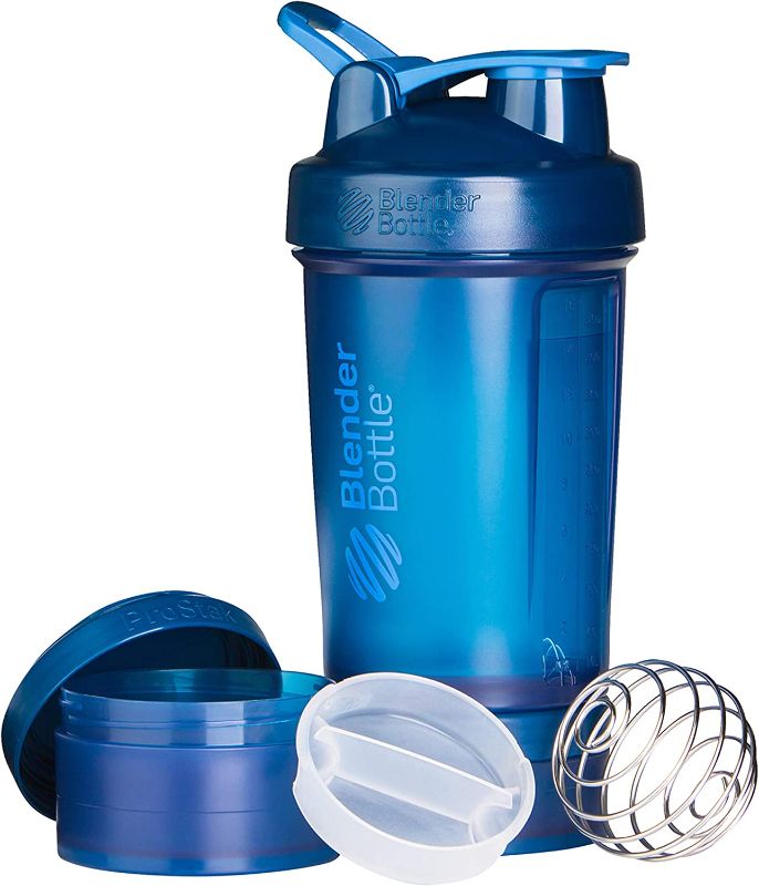 Photo 1 of BlenderBottle Shaker Bottle with Pill Organizer and Storage for Protein Powder, ProStak System, 22-Ounce, Navy