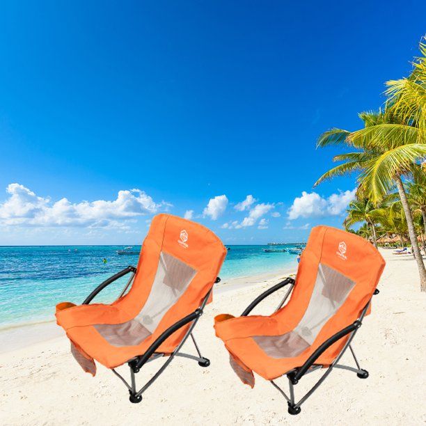 Photo 1 of Yangming 2PCS Outdoor Beach Chair, Backpack Low Seat Folding Chair Portable Camping Chair with Cup Holder, Pocket-Orange