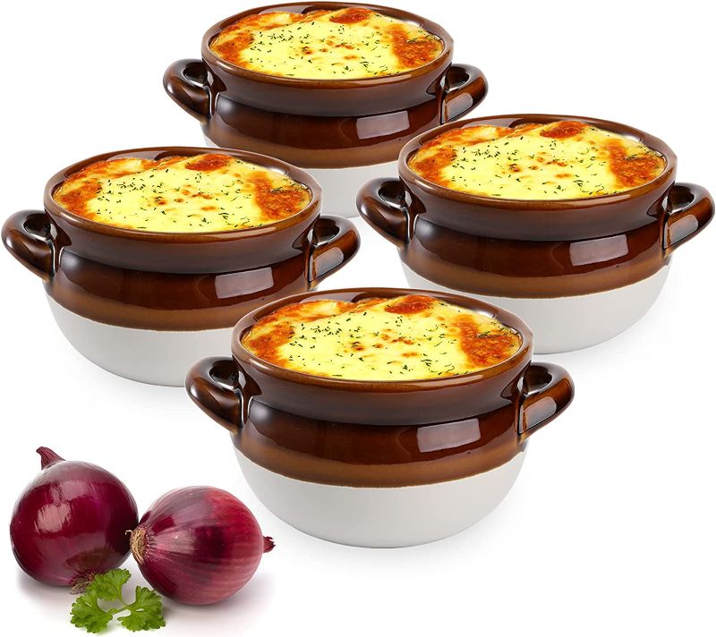 Photo 1 of YOUEON 4 Pack 16 Oz French Onion Soup Bowls with Handles, Ceramic Soup Bowls Dishwasher, Microwave & Oven Safe, Porcelain Onion Soup Crocks for Beef Stew, Chili, Pot Pies, Baked Cheese