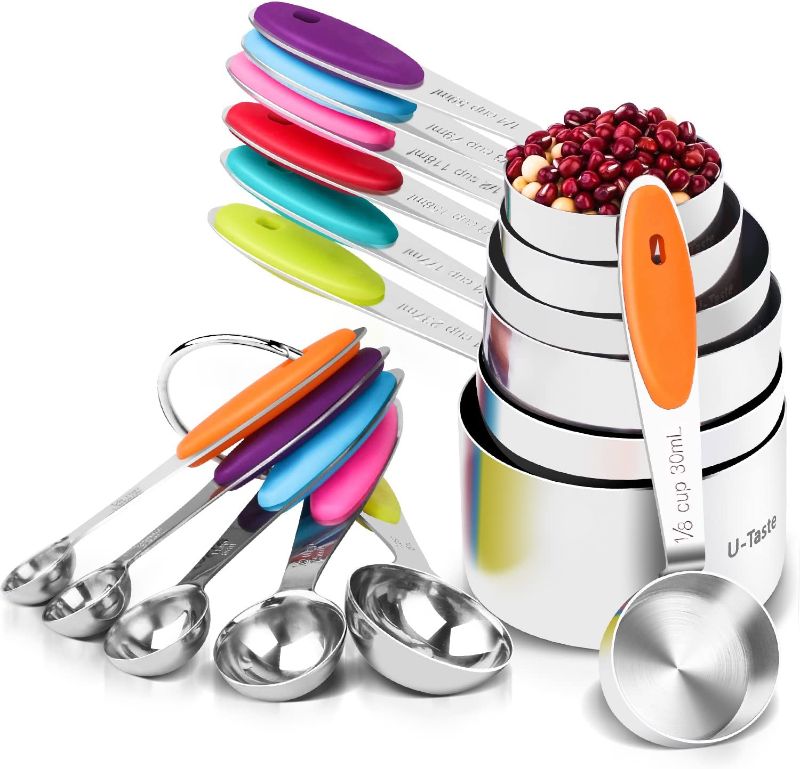 Photo 1 of 12 PCS Measuring Cups and Spoons Set Stackable Metal Measuring Spoons and Cups in 18/8 Stainless Steel Transparent Measuring Cup and Funnel Used for Dry and Liquid Kitchen Parent-Child Baking Cooking