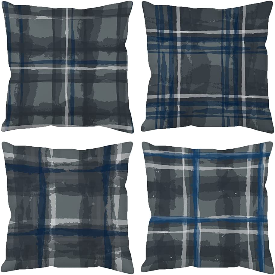 Photo 1 of Grey Buffalo Plaid Throw Pillow Covers Dark Gray Navy Checkers Geometric Doodle 18 x 18 Velvet Decorative Pillow Case for Living Room Bedroom Patio Couch Home Decor Outdoor Indoor Spring Fall Set of 4