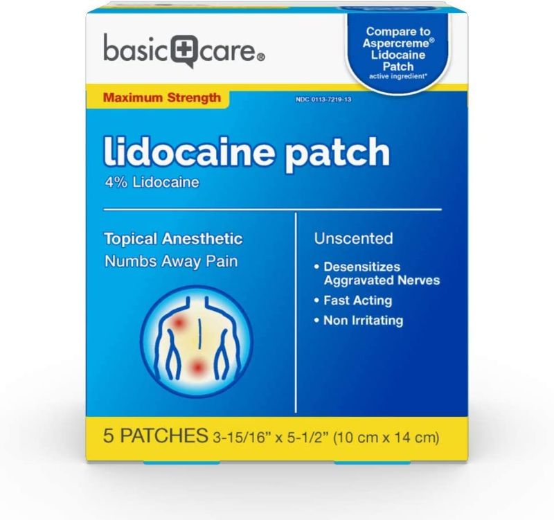 Photo 1 of Amazon Basic Care Lidocaine Patch, 4% Lidocaine, Topical Anesthetic, Desensitizes Aggravated Nerves, 5 Count