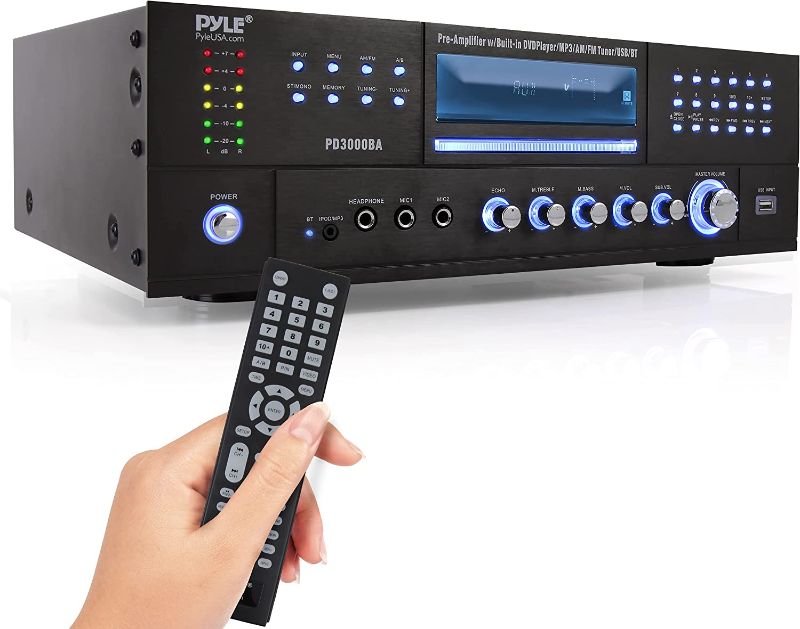 Photo 1 of Pyle 4 Channel Wireless Bluetooth Amplifier - 3000 Watt Stereo Speaker Home Audio Receiver w/ FM Radio, USB, 2 Microphone w/ Echo for Karaoke, Front Loading CD DVD Player, LED, Rack Mount - PD3000BA