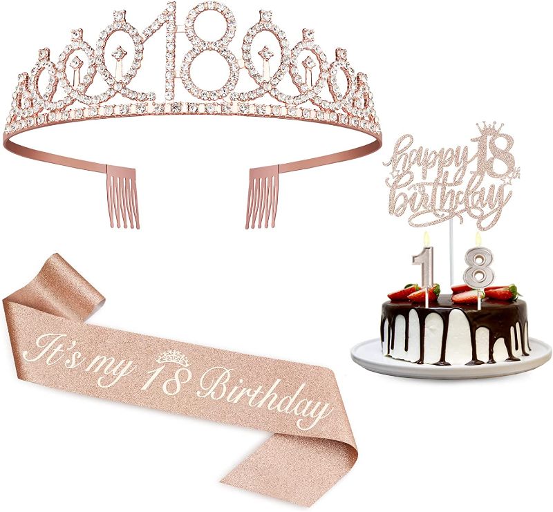 Photo 1 of 18th Birthday Decorations for Girls, Including 18th Birthday Sash, Crown/Tiara,Candles,Cake Toppers. 18th Birthday Gifts for Girls, 18th Birthday Party Decorations, 18 Birthday Decorations for Girls