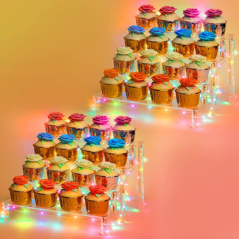 Photo 1 of Acrylic Display Riser Stand Cupcake Dessert Display Stand Cake Shelf Holder with Colorful Led Light for Organizer and Decoration(4 Tier-2 Pack, Clear?Colorful Light?)