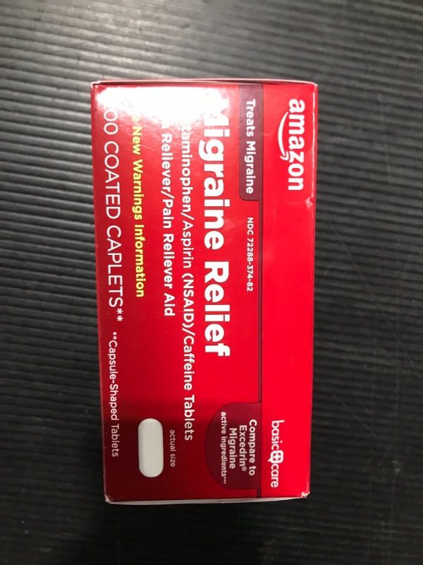 Photo 2 of Amazon Basic Care Migraine Relief, Acetaminophen, Aspirin (NSAID) and Caffeine Tablets, Migraine Headache Relief, Pain Reliever/Pain Reliever Aid, 200 Count SINGLE - EXP - 4 - 2023 