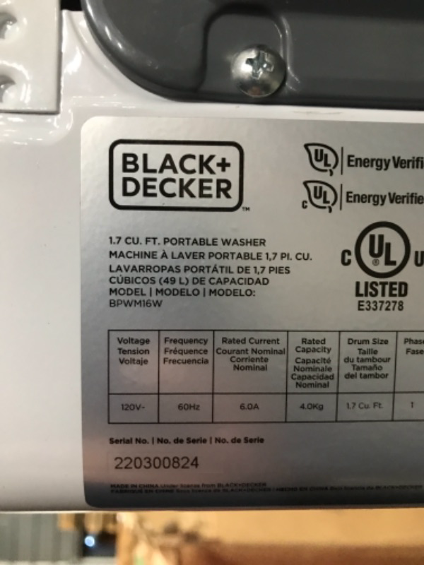 Photo 4 of BLACK+DECKER Small Portable Washer, Washing Machine for Household Use, Portable Washer 1.7 Sq. Ft. with 6 Cycles, Transparent Lid & LED Display
