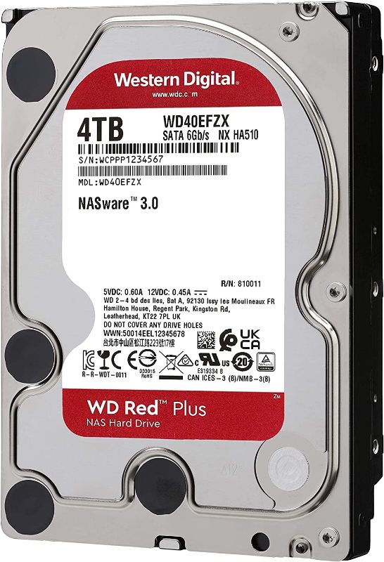 Photo 1 of Western Digital 4TB WD Red Plus NAS Internal Hard Drive HDD - 5400 RPM, SATA 6 Gb/s, CMR, 128 MB Cache, 3.5" -WD40EFZX
