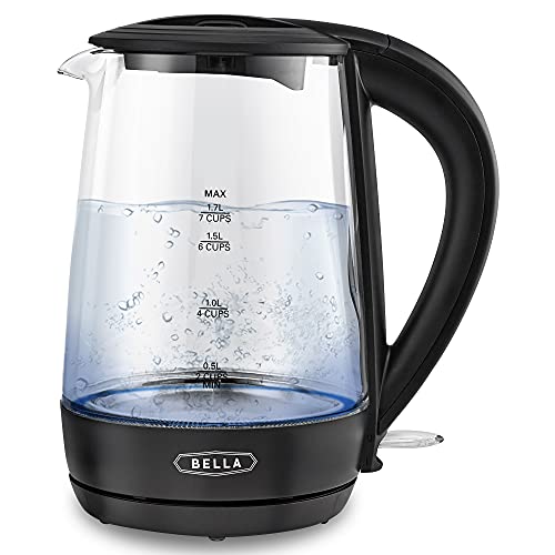 Photo 1 of BELLA 1.7 Liter Glass Electric Kettle, Quickly Boil 7 Cups of Water in 6-7 Minutes, Soft Blue LED Lights Illuminate While Boiling, Cordless Portable W
