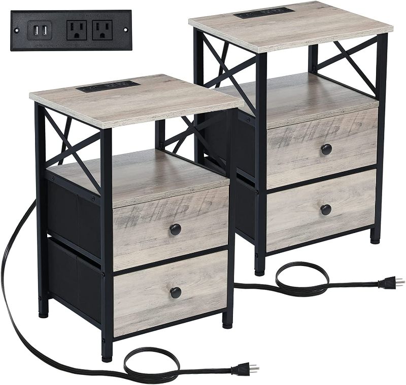 Photo 1 of AMHANCIBLE End Table with Charging Station, Nightstand Set of 2 with Fabric Drawer, Small Side Table Living Room with USB Ports and Outlets for Small Spaces Bedroom Ivory Grey and Black
