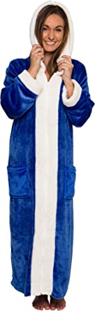 Photo 1 of Silver Lilly Womens Zippered Sherpa Trim Fleece Robe with Hood - Warm Plush Luxury Bathrobe, Size L/XL
