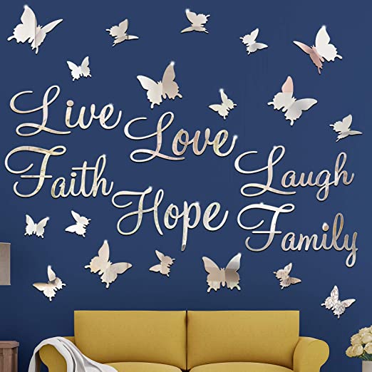 Photo 1 of 3D Acrylic Mirror Wall Decor Stickers DIY Silver Faith Live Laugh Hope Love Family Butterfly Removable Mural Stickers for Home Office School Teen Dorm Room Mirror Wall Decoration Decal
PACK OF 3 