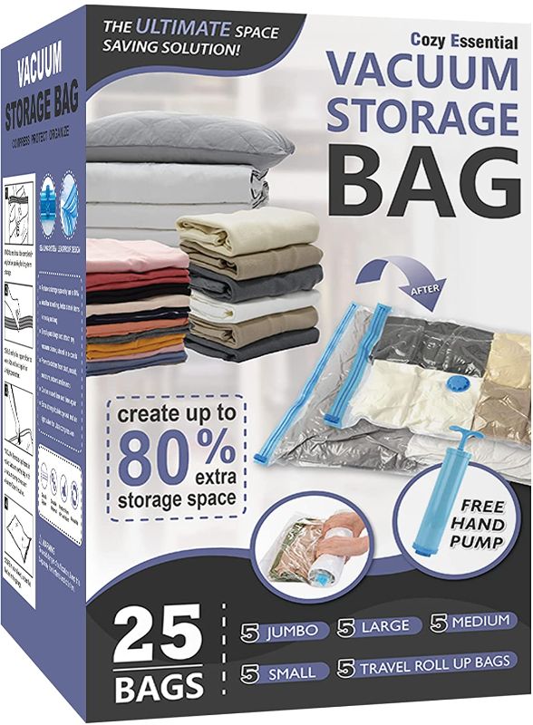 Photo 1 of 25 Pack Vacuum Storage Bags, Space Saver Bags (5 Jumbo/5 Large/5 Medium/5 Small/5 Roll) Compression Storage Bags for Comforters and Blankets, Vacuum Sealer Bags for Clothes Storage, Hand Pump Included
