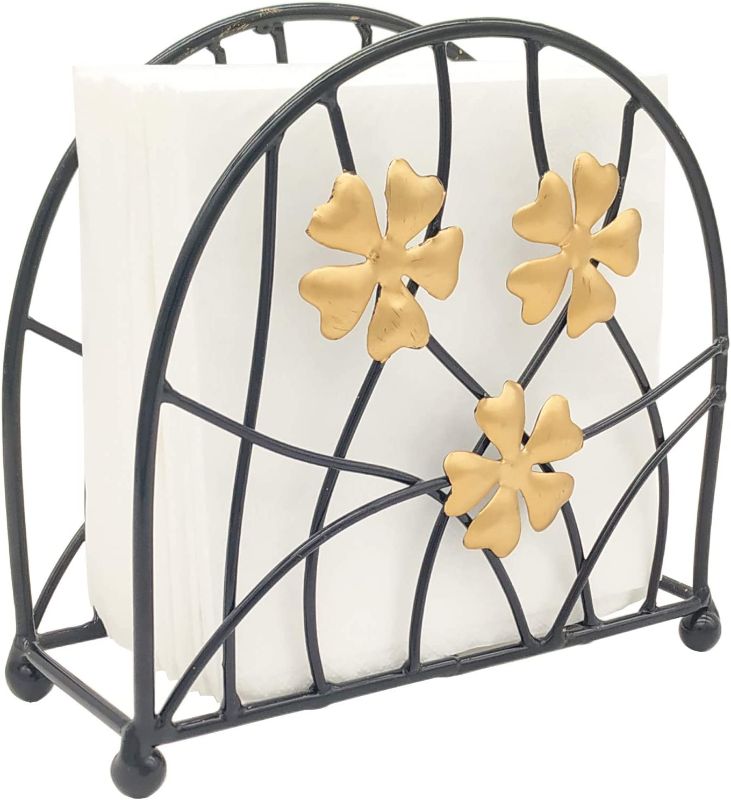 Photo 1 of Antique Golden Black Metal Floral Petals & Branches Tabletop Napkin Holder, Freestanding Tissue Dispenser
